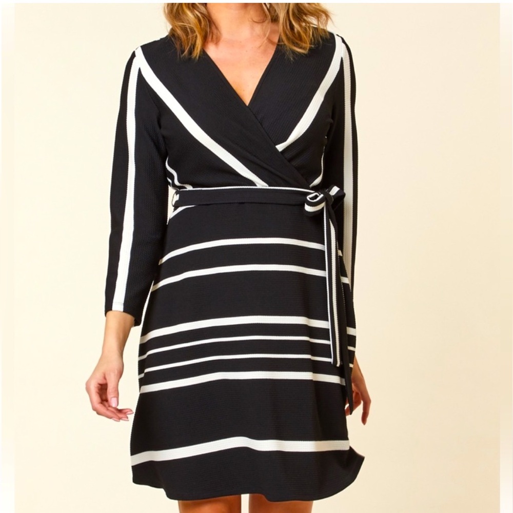 Cleo Black and White Long Sleeve Wrap Dress